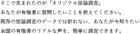 そこで生まれたのが「オリジナル世論調査」あなたが有権者に質問したいことを教えてください。既存の世論調査のデータでは計れない、あなたが今知りたい全国の有権者のリアルな声を、簡単に調査できます。